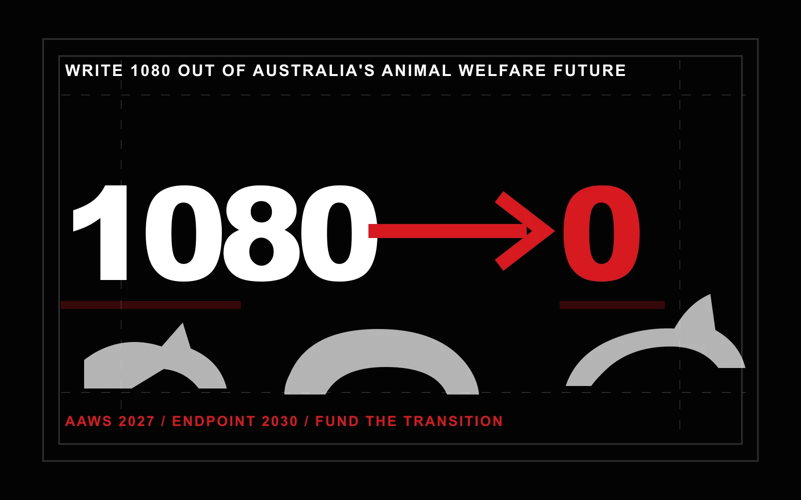 Black campaign graphic with white 1080 text being reduced to a red zero beside silhouettes of a fox, pig and rabbit.