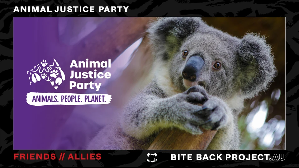 Dark Bite Back-style friend image for Animal Justice Party with legal and parliamentary reference marks.